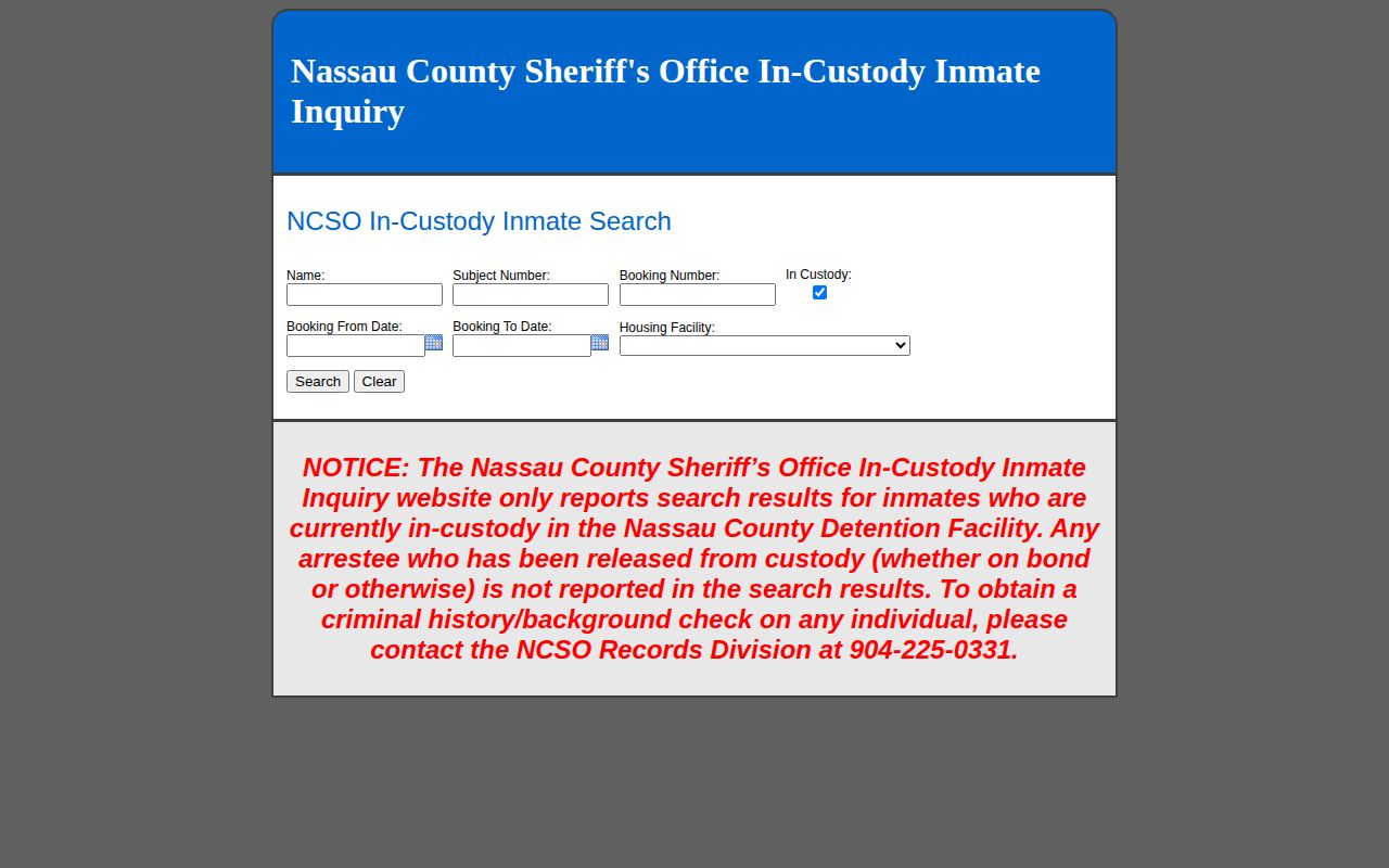 Nassau County Sheriff current inmate inquiry search interface