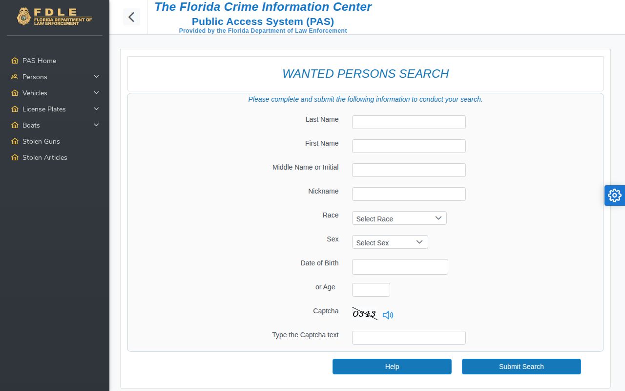 Florida Department of Law Enforcement wanted persons search form