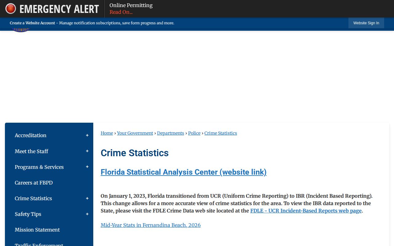 Fernandina Beach official crime statistics webpage