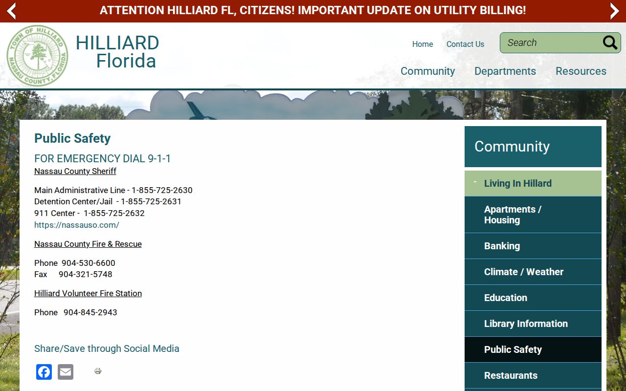Town of Hilliard public safety page routing law enforcement to Nassau County Sheriff