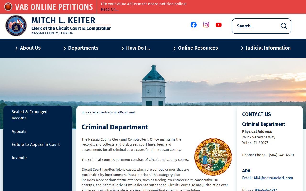 Nassau County Clerk Criminal Department records page