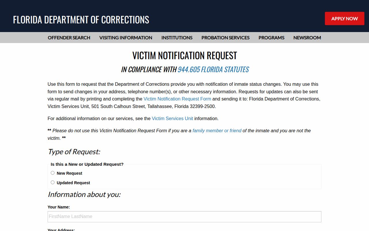 Florida Department of Corrections victim notification request form