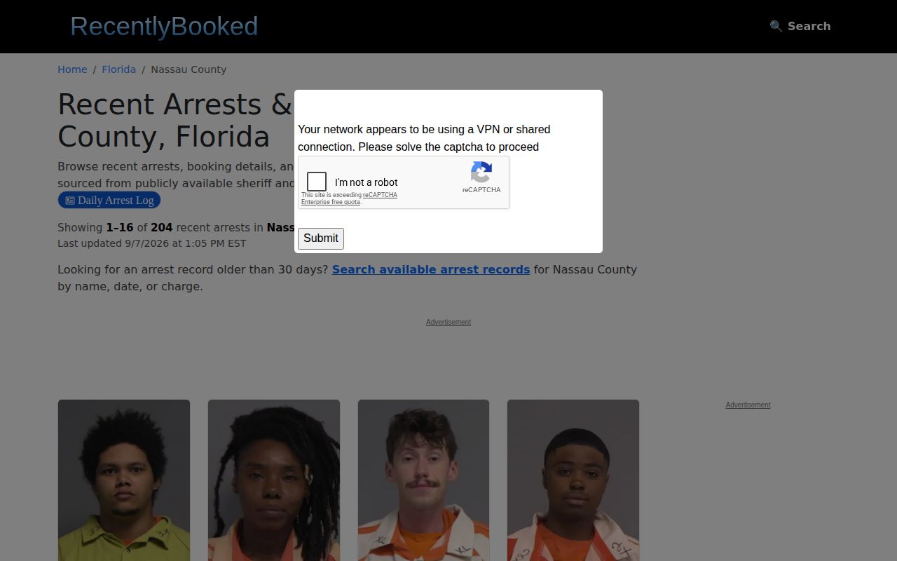 RecentlyBooked Nassau County rolling arrest page